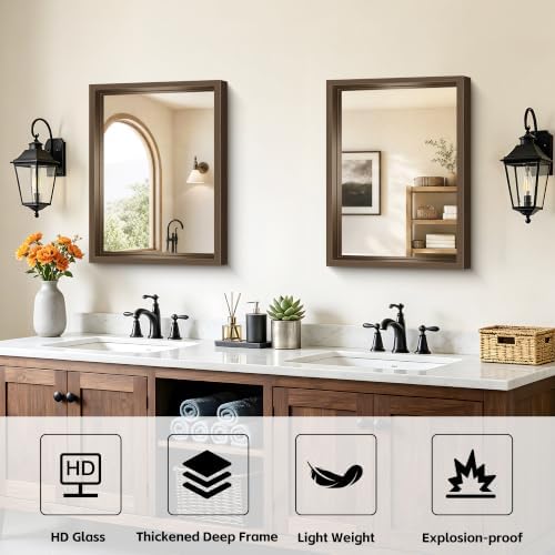 Bathroom Mirror, 18 x 24 inch Walnut Wood Grain Colored Aluminum Metal Frame - Image 3