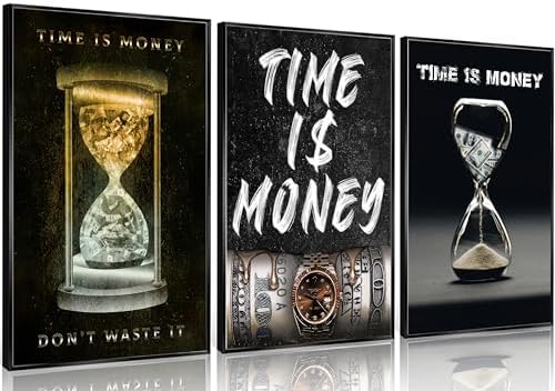 3Pcs Time Is Money Unframed Canvas Wall Art, Inspirational Business Decor by SetrisWallArt