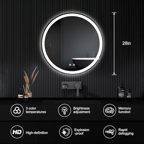 28 Inch LED Bathroom Mirror, Round Wall Mount Vanity Mirror - Image 2