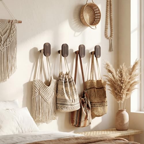 Novabright 4 Pcs Boho Wall Hooks Wooden Coat Hook, Walnut Wood - Image 3