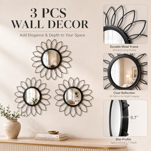 Black Flower Mirror Set of 3, Floral Petal Accent Mirror Wall Decor - Image 3