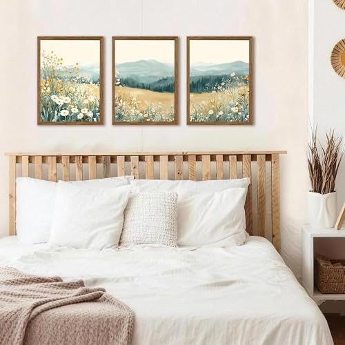 AVECCO 3 Pieces Wildflower Meadow Mountain Framed Canvas Wall Art 12x16 in - Image 4