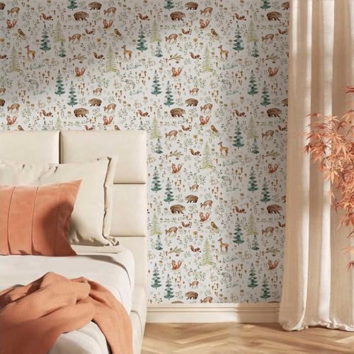 Fairy Animals Forest Deer Cute Owl Rabbits Trees White Peel and Stick Wallpaper - Image 2