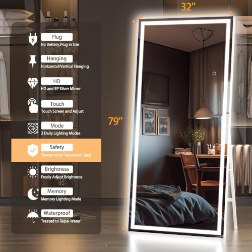 Hasipu Full Length Mirror with Lights, 78.7" x 31.5" LED Lighted Floor Standing - Image 2