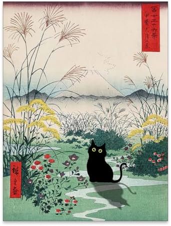enttgo Japanese Canvas Wall Art Funny Black Cat Poster Modern Ukiyo-e Decor by Unknown