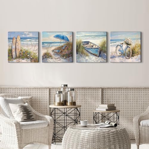 Coastal Beach Canvas Wall Art Blue Seaside Flower Landscape Wall Decor - Image 5