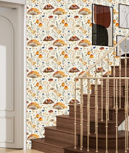 BOKEBEVE Mushoroom Wallpaper Peel and Stick Boho Beige Yellow 17.5 x 118In - Image 5