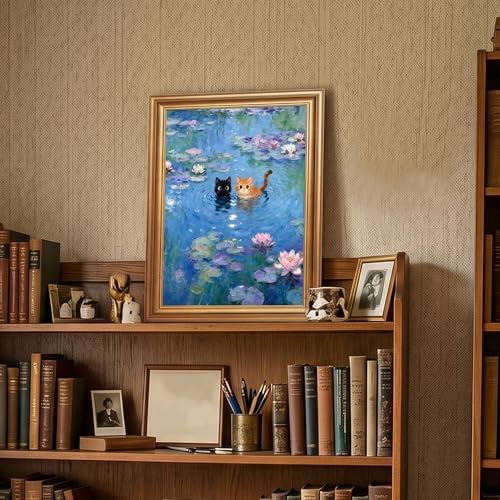 ICHZUMW Gold Framed Funny Cats Monet Water Lilies Canvas Wall Art, 12x16 In - Image 2