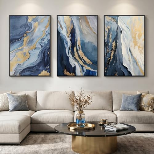Large Framed Blue and Gold Abstract Wall Art by Cuspin