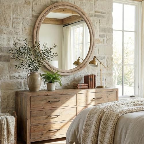 Solid Wood 36 Inch Round Beaded Wall Decor Mirror, Natural Wood - Image 6