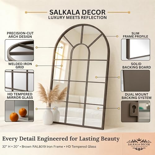Brown Arched Windowpane Mirror 32x20 Inch, Bathroom Mirror Vanity Mirror - Image 4