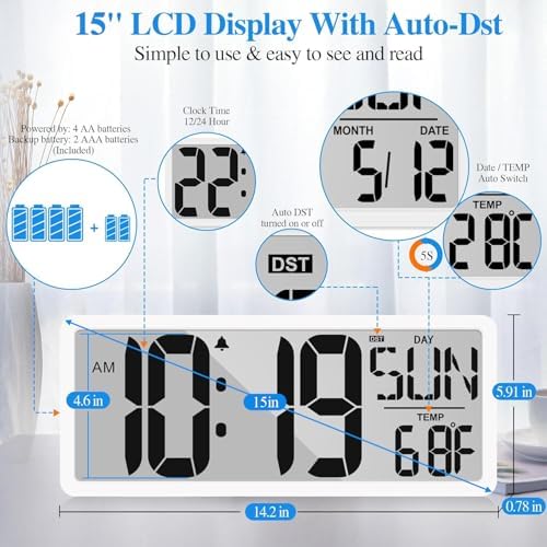 Large Digital Wall Clock with Backlight 15.2 Inch Digital Alarm Clock - Image 4
