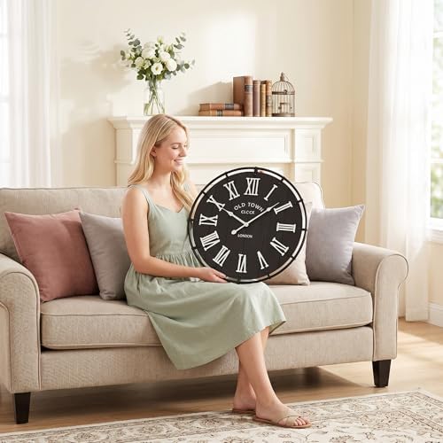EMAX HOME 20 Inch Large Farmhouse Wall Clock, Rustic Black Distressed Wood - Image 2