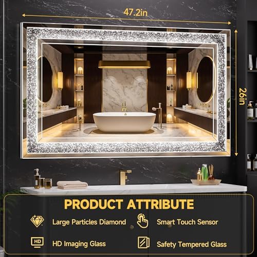 47" x 26" LED Diamond Wall Mirror, Dim & Anti-Fog - Image 3