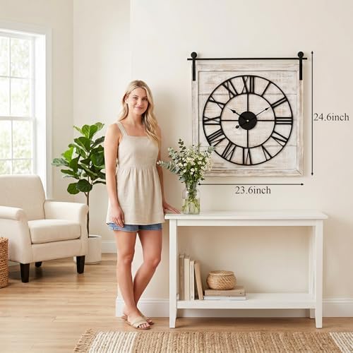 24 Inch Large Rustic Wall Clock, Farmhouse Square Wood Frame - Image 3