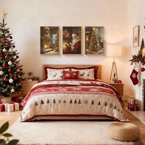 Large Vintage Christmas Framed Canvas Wall Art Set, Santa Reading Book Wall - Image 5