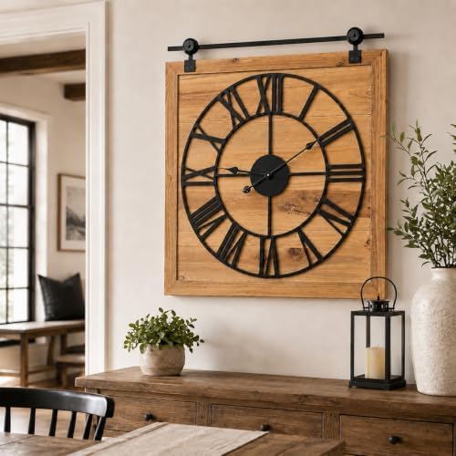 Wood Barn Door Clock 30 Inch, Farmhouse Rustic Wall Clock by EMAXHOME