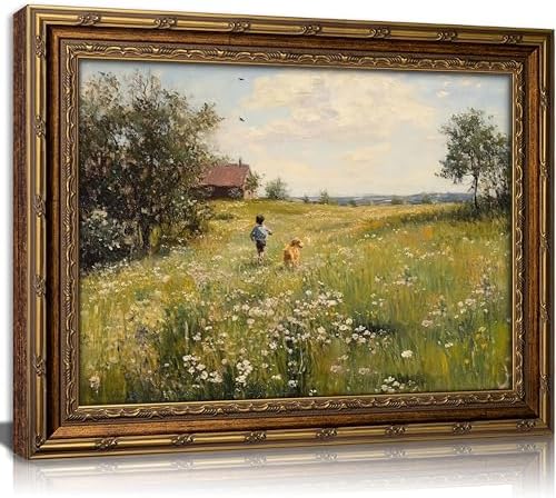 Vintage Gold Framed Wall Art Dog and Boy Landscape Painting Canvas Prints Retro by HPZFEIJJWallArt