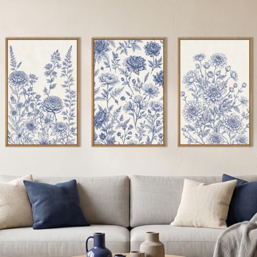 Blue White Chinoiserie Floral Framed Canvas Wall Art-16"x24"x3 by Celestdeco