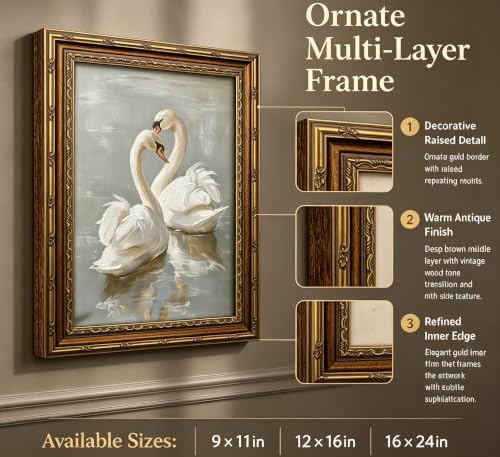 Vintage Gold Framed Swan Canvas Wall Art Country Farmhouse Retro Romantic - Image 2