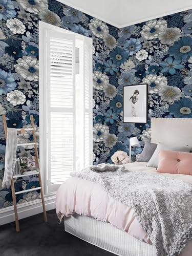 Navy Blue Floral Peel and Stick Wallpaper, Vintage Blue Bloom Wallpaper - Image 5