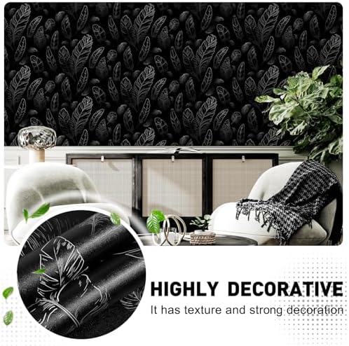 Black Peel and Stick Wallpaper 17.7"x1200" Feather Wallpaper Removable Modern - Image 3