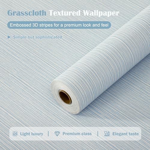 Grasscloth Textured Peel and Stick Wallpaper, Pale Blue - Image 2