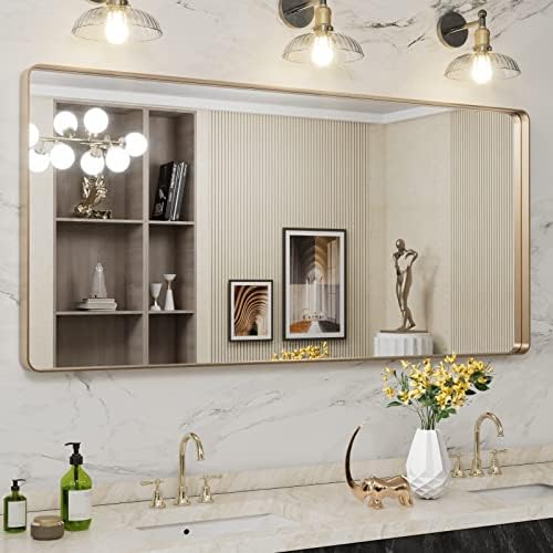 LOAAO 60”X28” Gold Bathroom Mirror, Rounded Rectangle Gold Frame Mirror by LOAAO