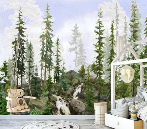 Watercolor Misty Pine Forest River Landscape Wallpaper - Image 2