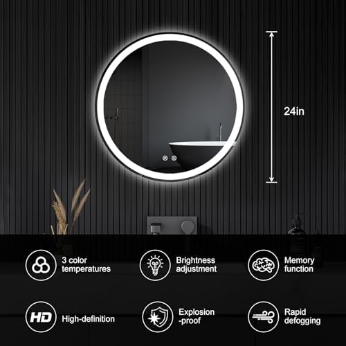 24 Inch LED Bathroom Mirror, Round Wall Mount Vanity Mirror - Image 2