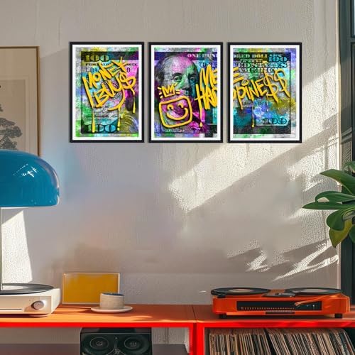 Black Framed Canvas Wall Art 100 Dollar Money Buy Me Happiness Painting 3 Panels - Image 5