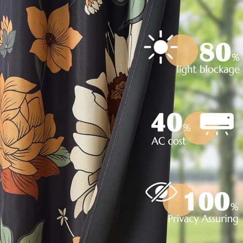 jinchan Black Boho Floral Blackout Curtains W100xL96 Grommet 1 Panel - Image 4