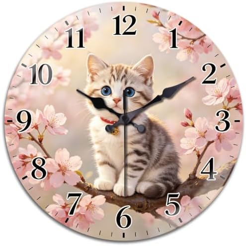 peacoblue Cherry Blossom Cat Wall Clocks Battery Operated by PEACOBLUE