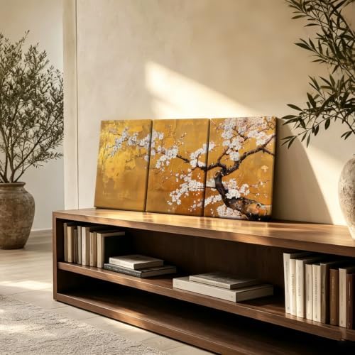 3 Pcs Japanese Golden Plum Blossom Flower Canvas Wall Art 16x24 Inches - Image 3