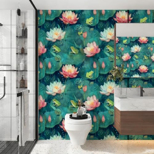Watercolor Lotus Frog Pond Peel and Stick Wallpaper Self Adhesive 17.72" x - Image 3