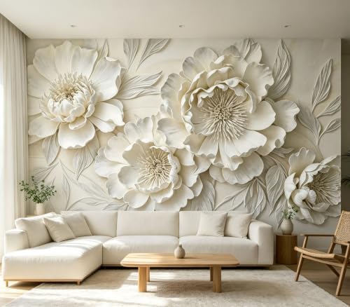 Elegant 3D Embossed White Floral Wallpaper Peel and Stick by Unknown