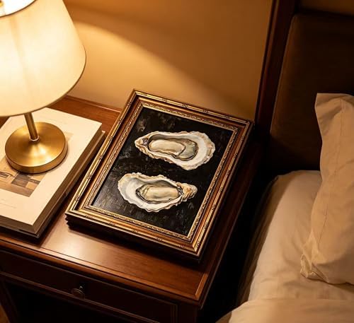 Vintage Gold Framed Oyster Wall Art Dark Moody Seafood Shell Shel Painting - Image 6