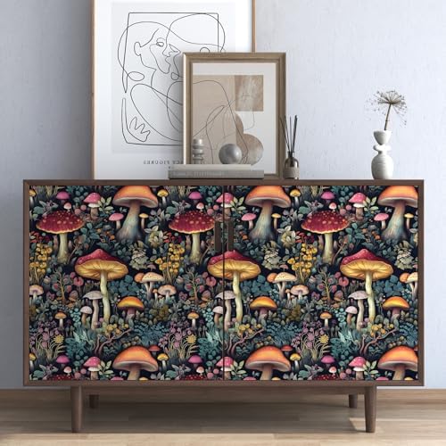 BOKEBEVE Mushoroom Wallpaper Peel and Stick Boho Black Red 17.5 x 393.5In - Image 5