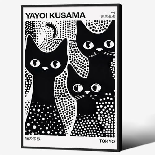 Cute Black Cat Poster Japanese Yayoi Kusama Wall Art 24X36 inch Black Framed by rumlud
