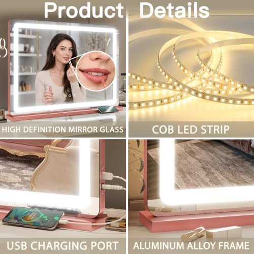 FENNIO Pink Vanity Mirror with Lights 32"x22", Lighted Makeup Mirror, Large - Image 6