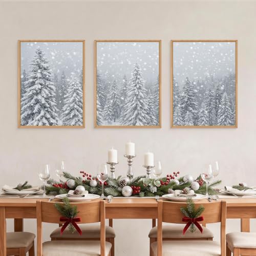 Snowy Christmas Tree Natural Woodland Framed Canvas Wall Art Set- 12"x16"x3 - Image 3