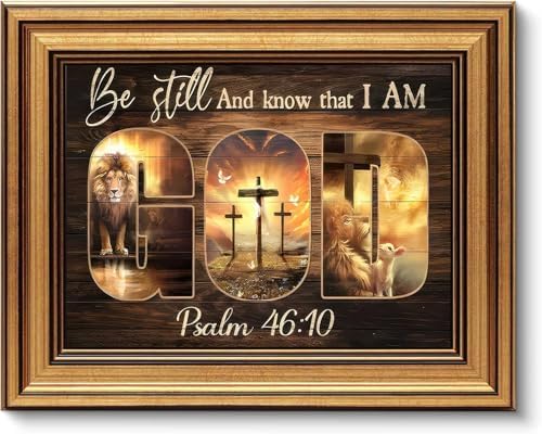 Gold Framed Wall Art, Christian God Canvas Prints, Lion and Lamb Cross Picture by YDNAKLX
