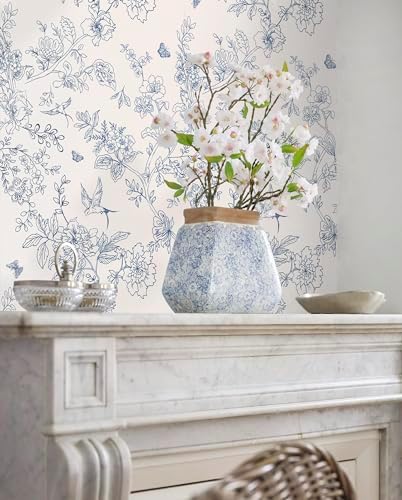 Froluya Cream White and Blue Peel and Stick Wallpaper Floral Contact Paper - Image 4