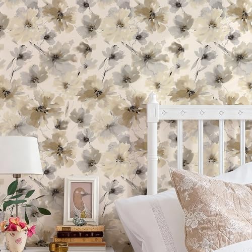 JiffDiff Beige Watercolor Floral Peel and Stick Wallpaper, 17.3" x 1200" - Image 2