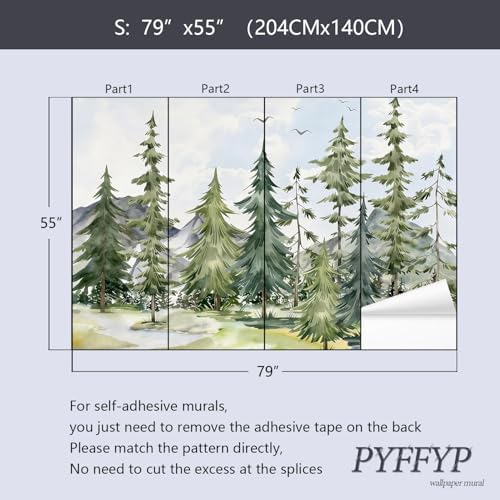 PYFFYP-Watercolor Cartoon Forest Pine Tree Peel and Stick Wallpaper Mural - Image 5