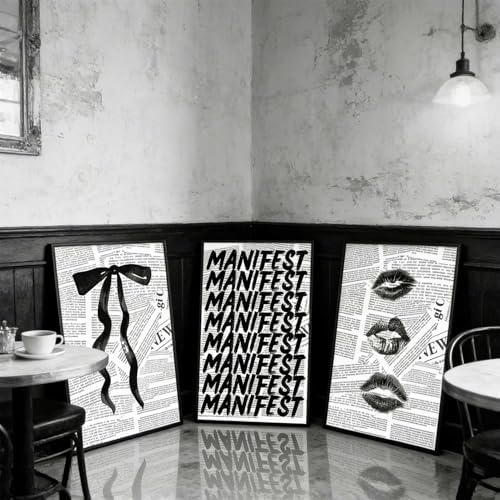 3Pcs Trendy Black and White Preppy Wall Art Retro Kiss Lips Bow and Manifest - Image 3