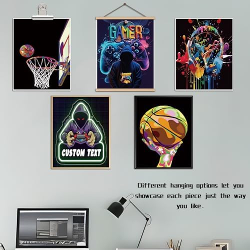 Neon Gamer and Basketball Wall Art Set of 9, Cool Gaming Headset Skull - Image 6