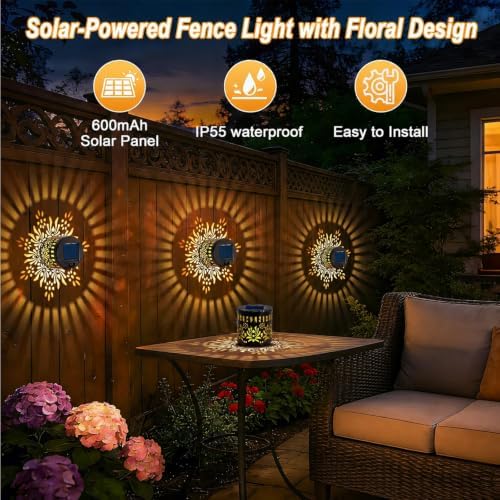 2 Pack Solar Fence Lights, Metal Flower Pattern Solar Powered Wall Lights - Image 3
