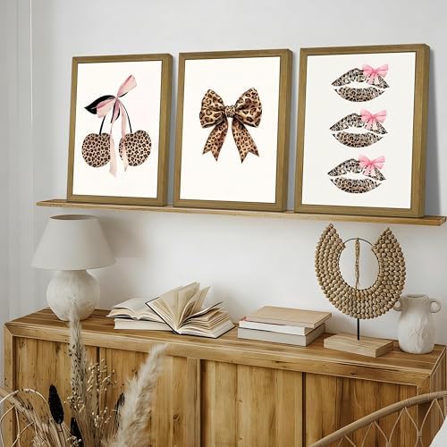 Framed Leopard Print Wall Art Set of 3, Cute Cherry Lips Bow Canvas Posters - Image 2