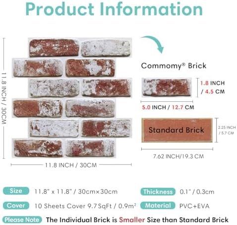 Commomy Faux Brick Panels Peel and Stick Wall Stickers 10 Pcs 11.8" x 11.8" - Image 4